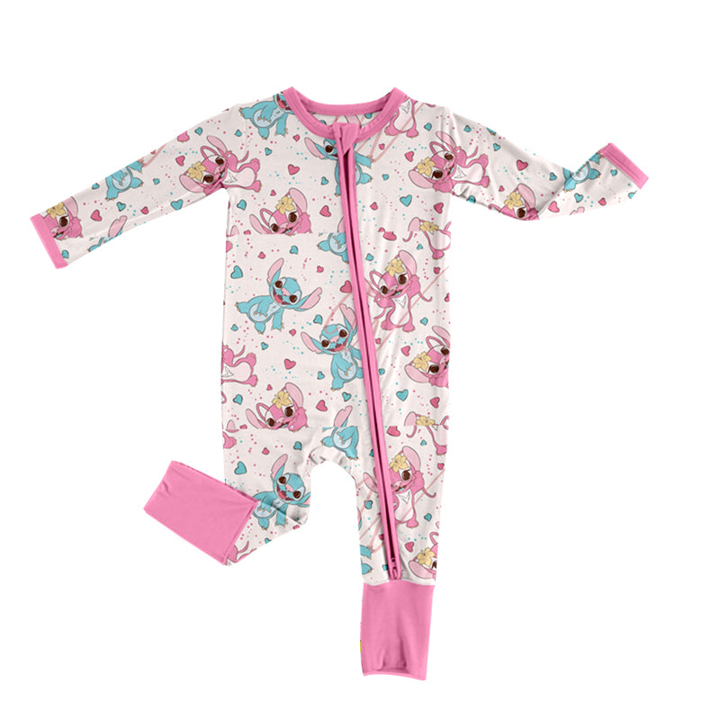 (Custom Design Preorder MOQ 5) Pink Cartoon Animal Print Baby Girls Valentine's Zipper Romper