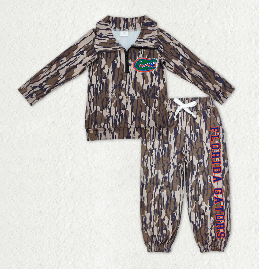 (Custom Design Preorder MOQ 5) Team's Florida Camo Print Zipper Pullover Top Pockets Pants Kids Fall Clothes Set