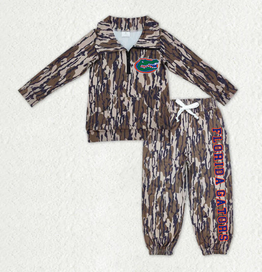 (Custom Design Preorder MOQ 5) Team's Florida Camo Print Zipper Pullover Top Pockets Pants Kids Fall Clothes Set