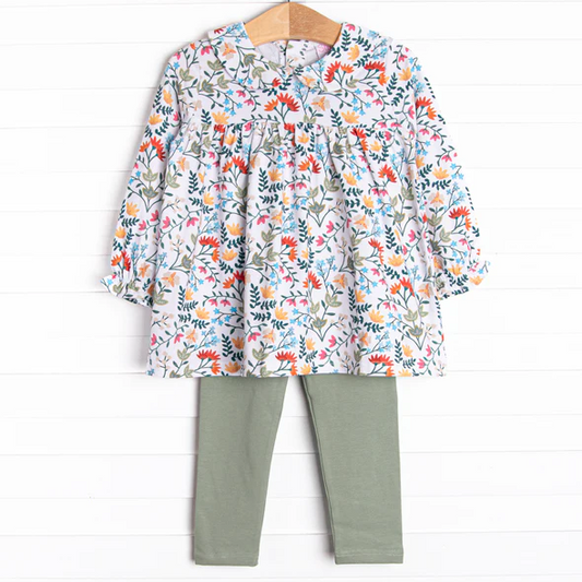 (Custom Design Preorder MOQ 5) Flowers Tunic Top Green Pants Girls Fall Clothes Set