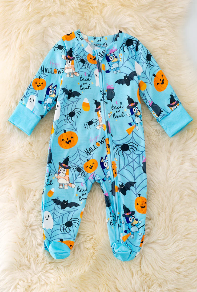 (Custom Design Preorder MOQ 5) Cartoon Dog Pumpkin Candy Print Baby Halloween Sleeper Zipper Romper