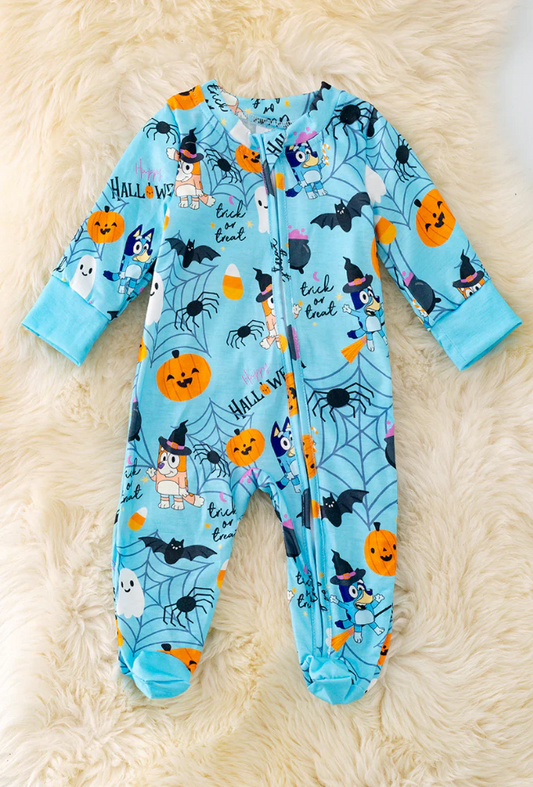 (Custom Design Preorder MOQ 5) Cartoon Dog Pumpkin Candy Print Baby Halloween Sleeper Zipper Romper