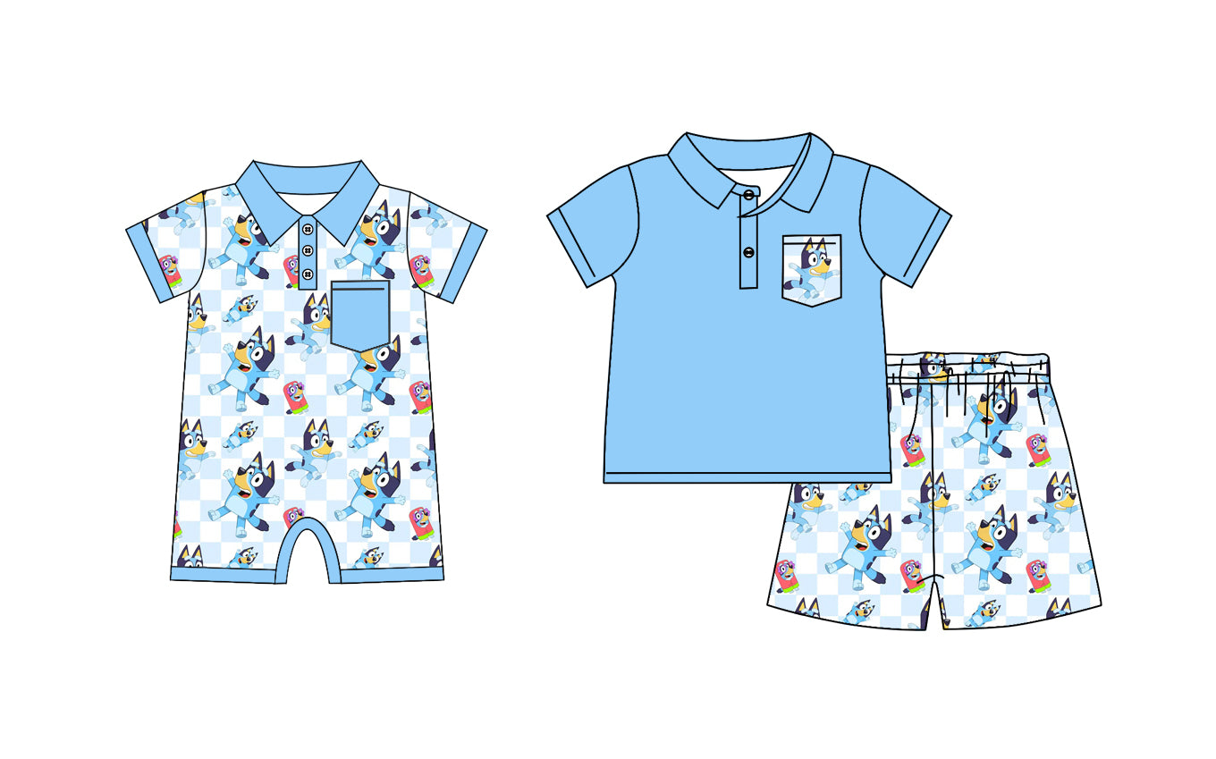 12.14(Custom Design Preorder MOQ 5 Each Design) Cartoon Dog Blue Print Boys Summer Matching Clothes Brothers Wear