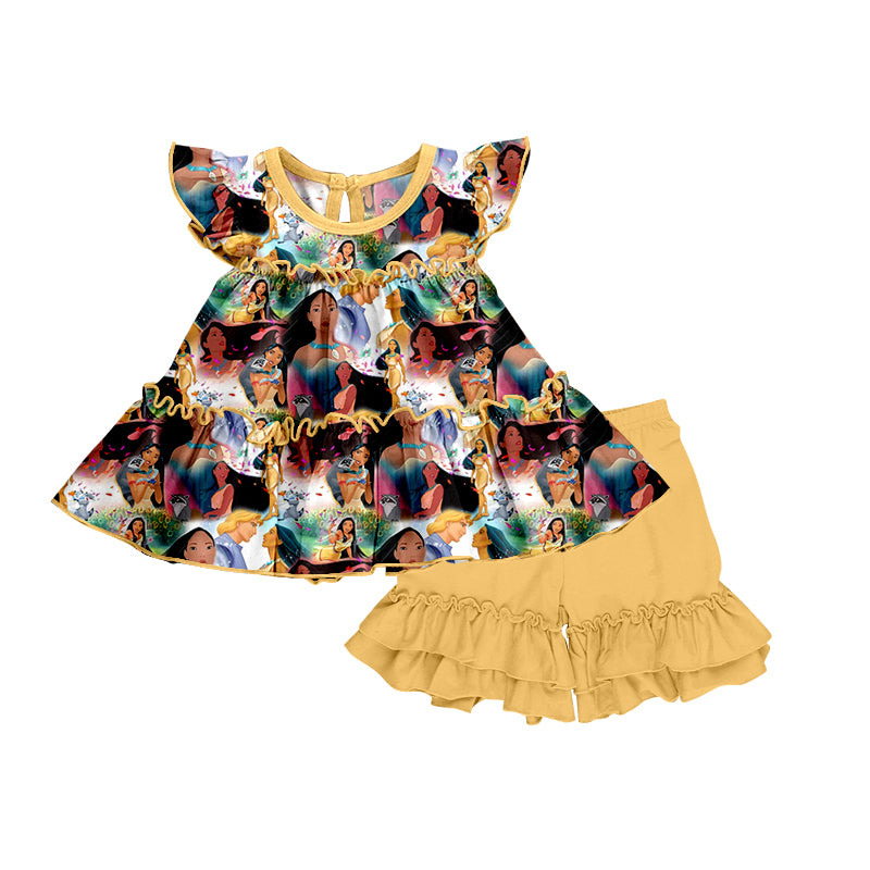 (Custom Design Preorder MOQ 5) Cartoon Princess Flowers Print Girls Summer Clothes Set