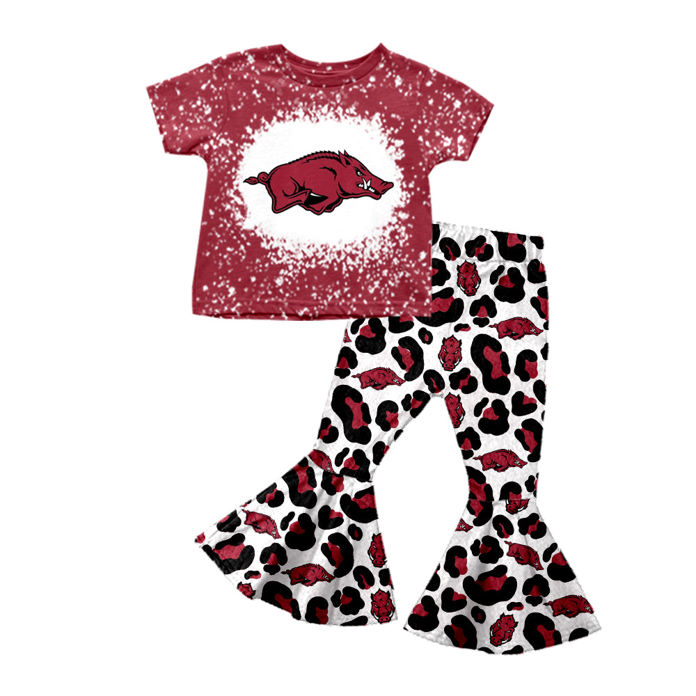 (Custom Design Preorder MOQ 5 ) Team's ARKANSAS Print Bell Pants Girls Clothes Set