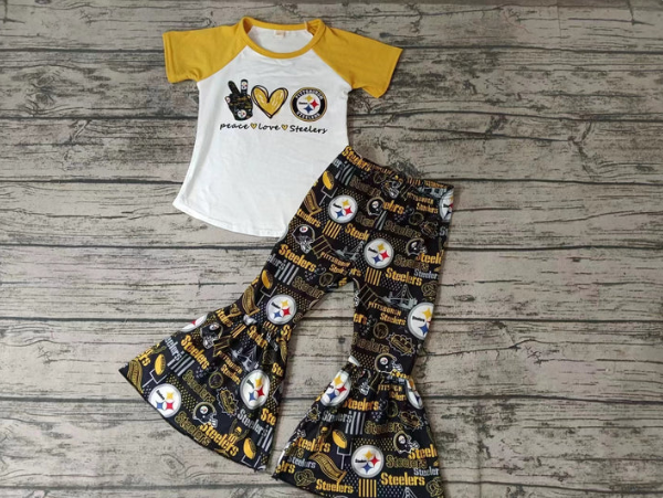 (Custom Design Preorder MOQ 5) Team's Peace Love Steelers Bell Pants Girls Clothes Set