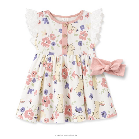 (Custom Design Preorder MOQ 5) Pink Flowers Bunny Print Girls Easter Knee Length Dress