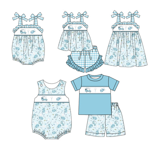 11.29(Custom Design Preorder MOQ 5 Each Design) Golf Blue Print Kids Summer Matching Clothes Sibling Wear
