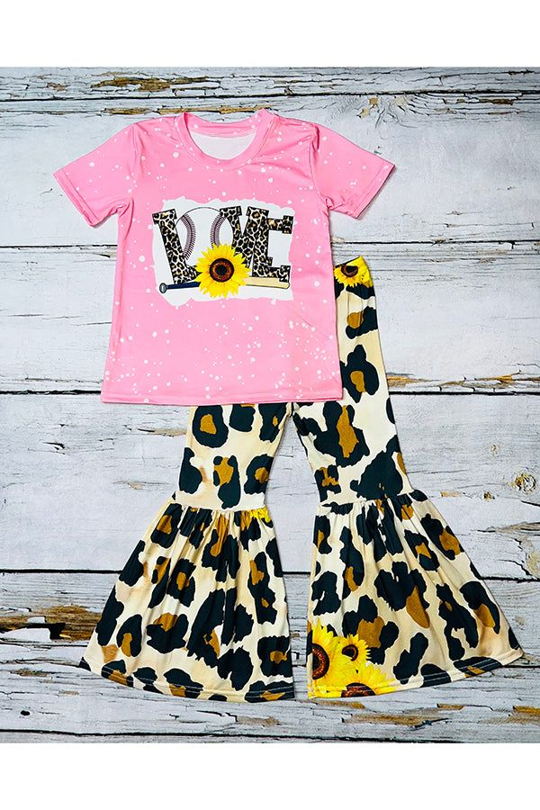 (Custom Design Preorder MOQ 5) Baseball Love Sunflowers Leopard Print Girls Clothes Set