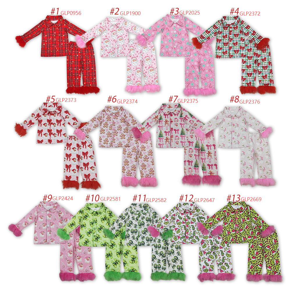 13 Colors (#1-#7) Print Girls Christmas Buttons Fur Pajamas Clothes Set Sisters Wear