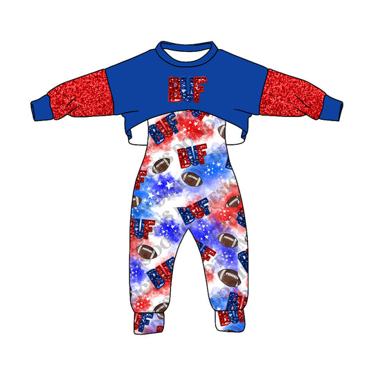 (Custom Design Preorder MOQ 5) Blue Red Top Team's BUFFALO Jumpsuits Girls Fall Clothes Set