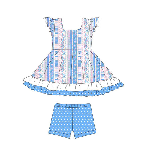 (Custom Design Preorder MOQ 5) Small Flowers Tunic Top Dots Shorts Girls Summer Clothes Set