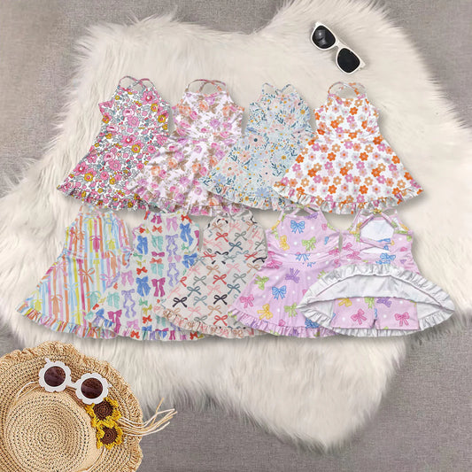8 Print Colorful Flowers Bows Girls Summer Knee Length Shorts Yoga Dress Sisters Wear