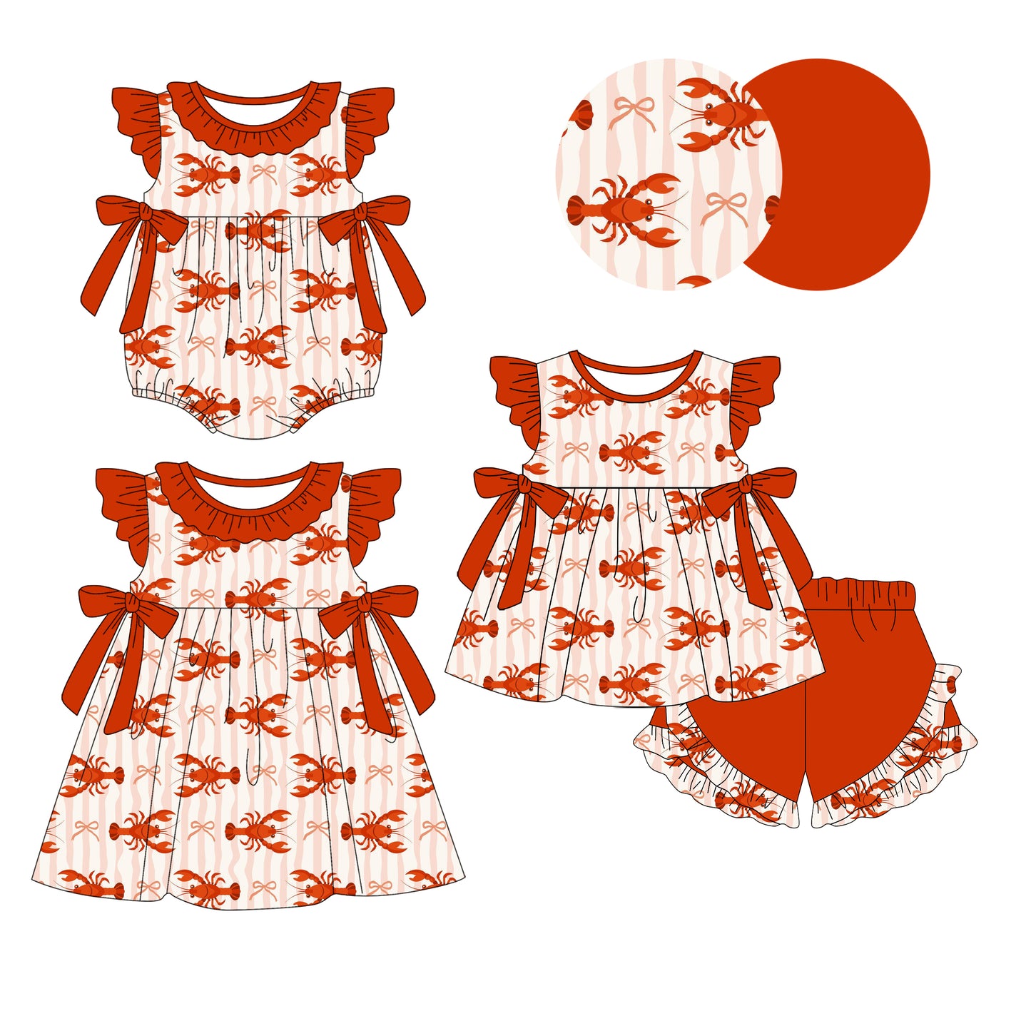 12.4 (Custom Design Preorder MOQ 5 Each Design) Crayfish Bows Print Girls Summer Matching Clothes Sisters Wear