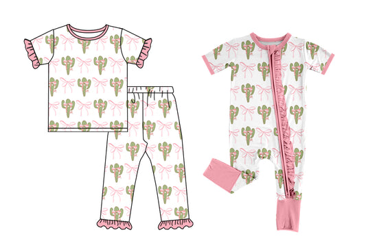 11.22(Custom Design Preorder MOQ 5 Each Design) Cactus Bows Print Girls Pajamas Matching Clothes Sisters Wear