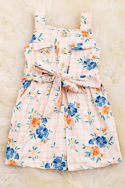 (Custom Design Preorder MOQ 5)  Orange Blue Flowers Print Girls Summer Jumpsuits