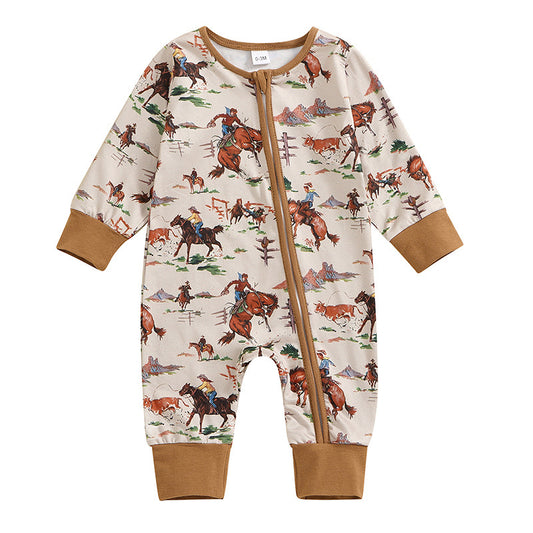 (Custom Design Preorder MOQ 5)  Cowboy Print Baby Boys Bamboo Fall Sleeper Zipper Romper