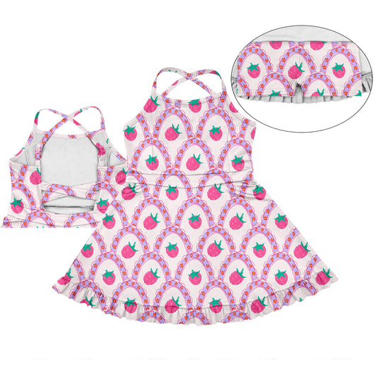 3.10(Custom Design Preorder MOQ 5) Pink Raspberry Print Girls Summer Knee Length Shorts Dress