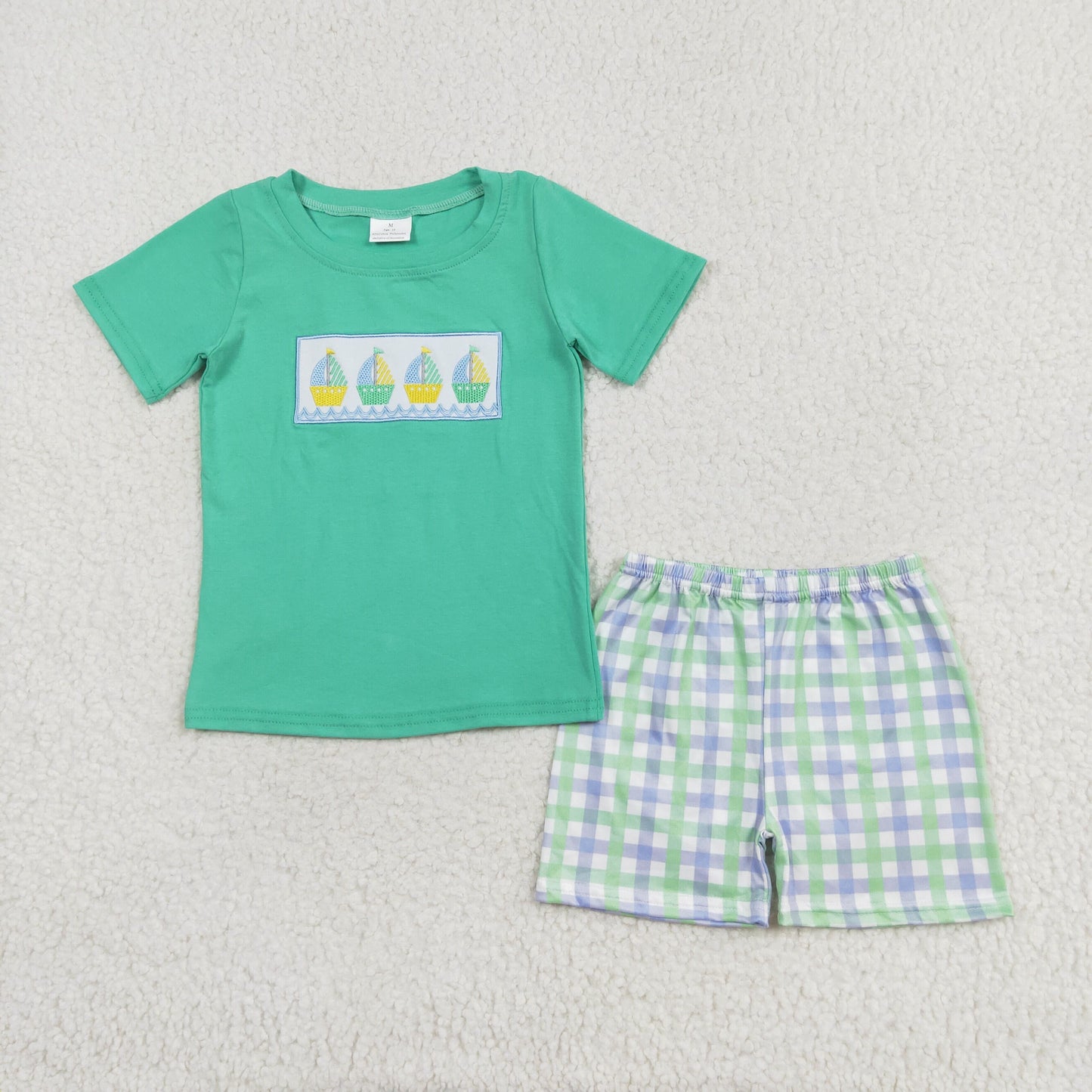 Sailboat Embroidery Green Plaid Print Brothers Summer Matching Clothes