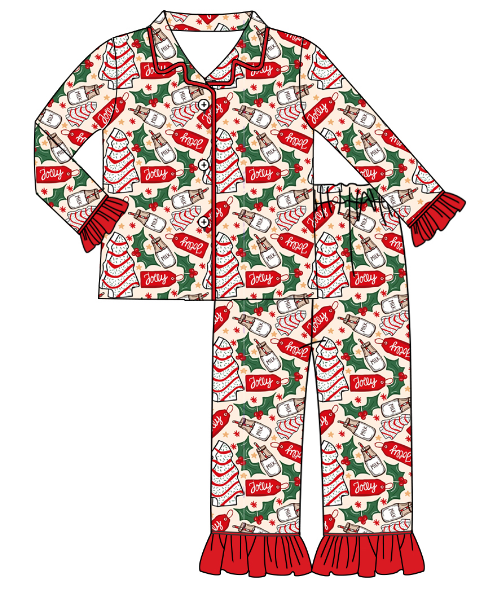 (Custom Design MOQ 5)Christmas Little Debbie Cakes Print Girls Pajamas Clothes Set