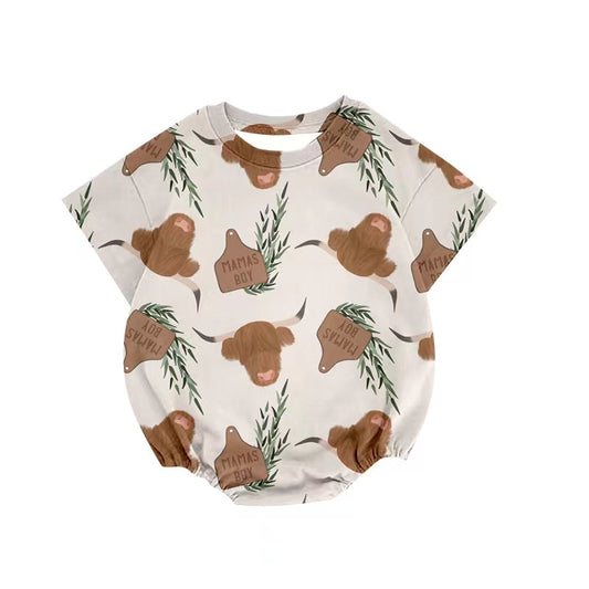 (Custom Design Preorder MOQ 5) Highland Cow Print Baby Boys Summer Romper