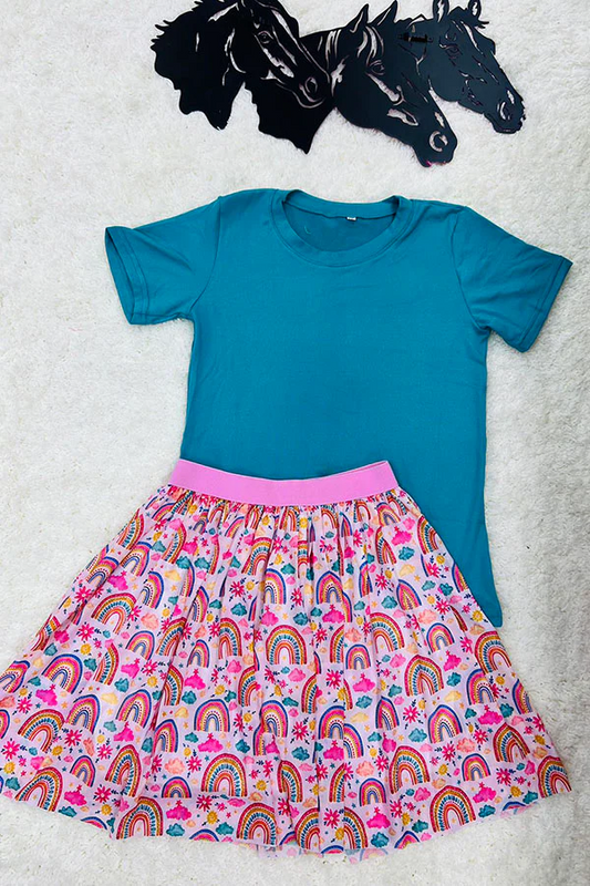 (Custom Design Preorder MOQ 5) Blue Top Rainbow Skirts Girls Summer Clothes Set