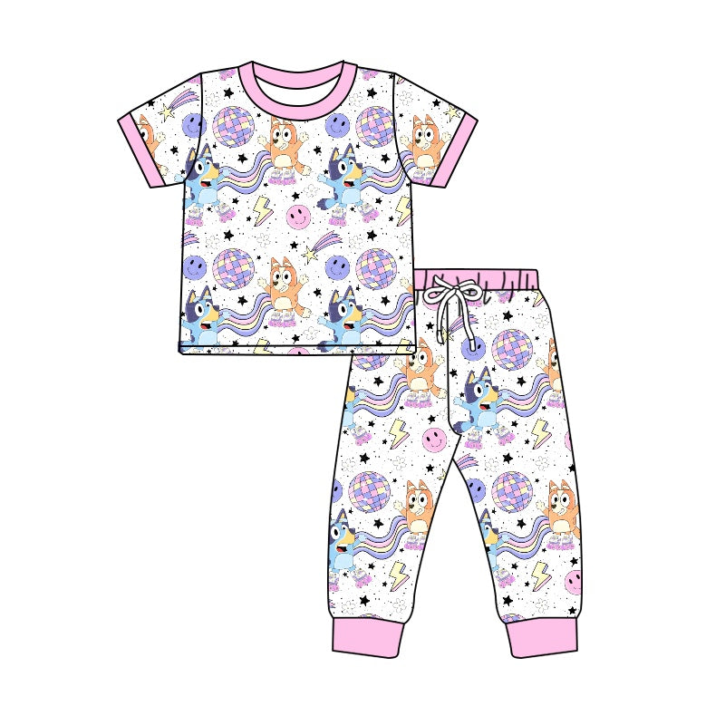(Custom Design Preorder MOQ 5) Cartoon Dog Disco Print Girls Pajamas Clothes Set