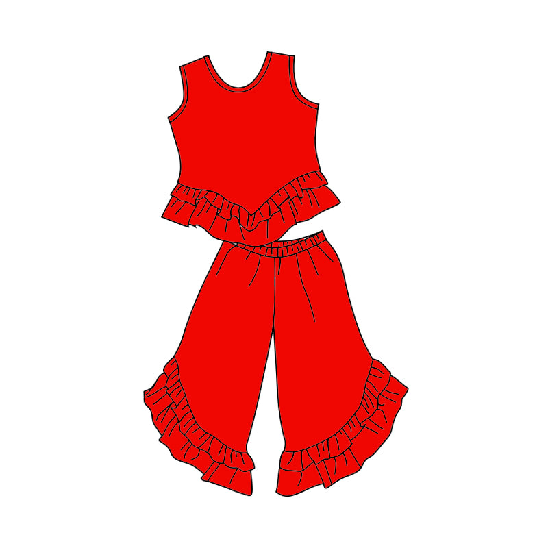 (Custom Design Preorder MOQ 5) Red Sleeveless Top Ruffles Pants Girls Clothes Set