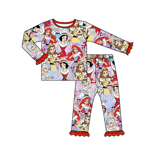 (Custom Design Preorder MOQ 5)  Cartoon Princess Print Girls Christmas Bamboo Pajamas Clothes Set