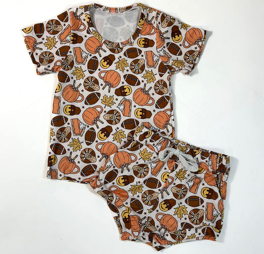 (Custom Design Preorder MOQ 5) Pumpkin Football Brown Print Baby Boys Fall Bummie Set