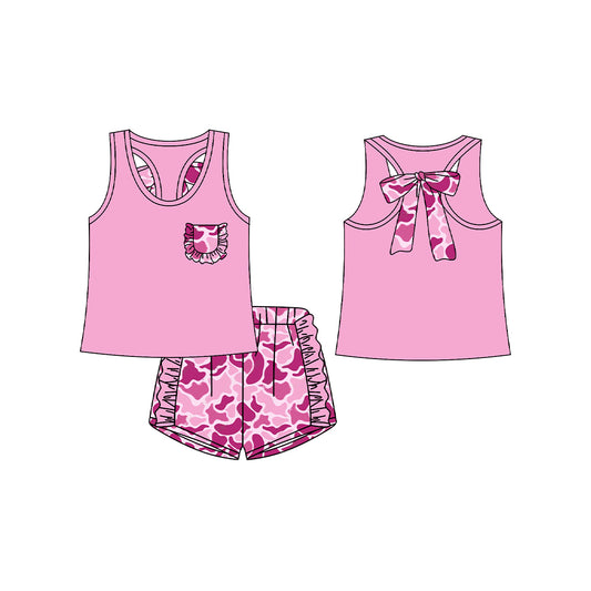 12.14(Custom Design Preorder MOQ 5) Pink Pocket Vest Top Camo Shorts Girls Summer Clothes Set