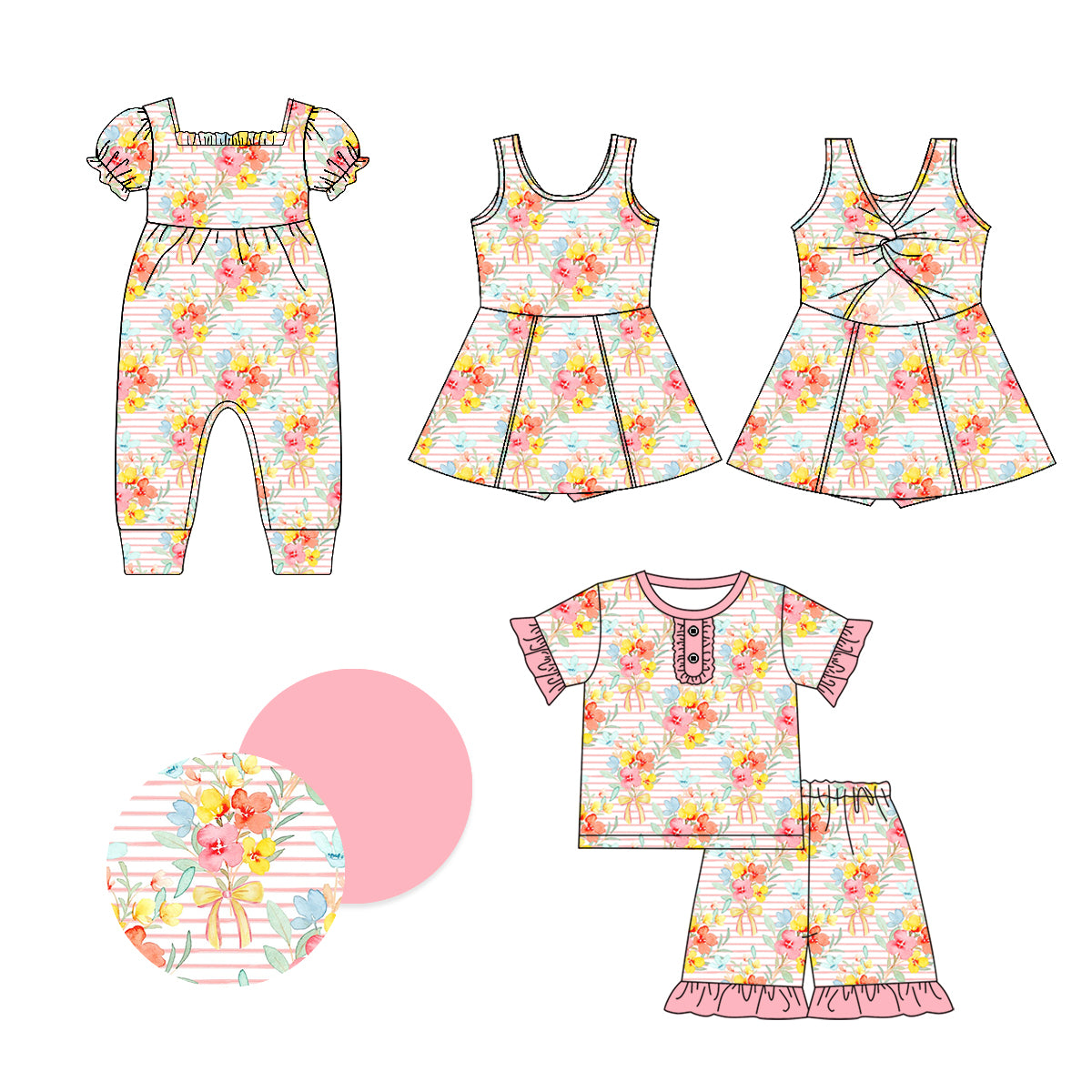 1.7(Custom Design Preorder MOQ 5 Each Design) Flowers Print Girls Summer Matching Clothes Sisters Wear
