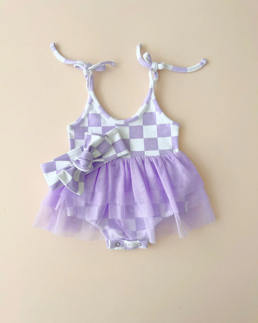 (Custom Design Preorder MOQ 5)  Purple Plaid Print Baby Girls Summer Tulle Romper