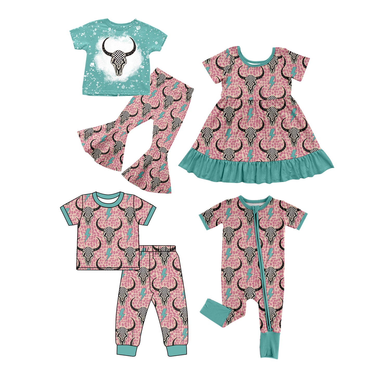 12.9(Custom Design Preorder MOQ 5 Each Design) Cow Skull Leopard Print Girls Western Matching Clothes Sisters Wear