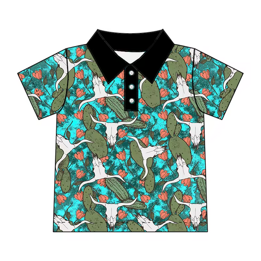 (Custom Design Preorder MOQ 5)  Cow Skull Cactus Print Boys Summer Western Polo Tee Shirts Top