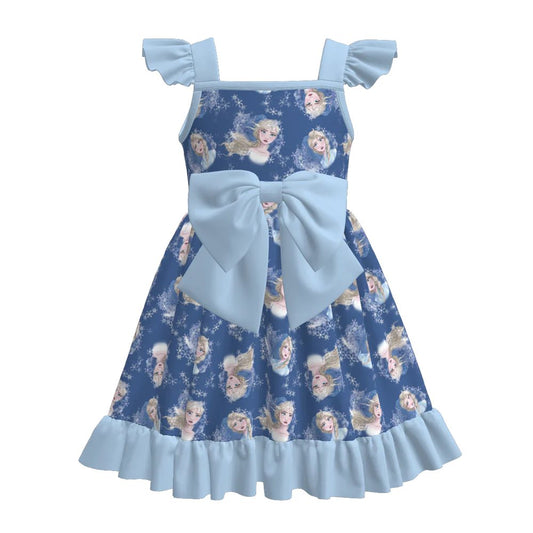 (Custom Design Preorder MOQ 5) Cartoon Princess Snowflake Print Girls Summer Knee Length Dress