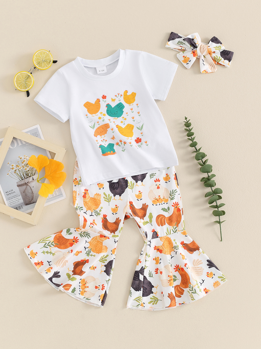 (Custom Design Preorder MOQ 5) Chichen Top Flowers Bell Pants Girls Clothes Set