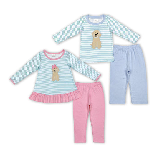 Dog Embroidery Stripes Top Pants Sibling Fall Matching Clothes