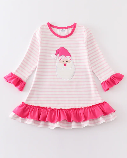 (Custom Design Preorder MOQ 5) Santa Pink Stripes Print Girls Knee Length Christmas Dress