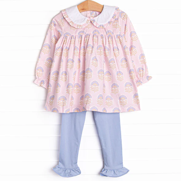 (Custom Design Preorder MOQ 5) Flowers Pink Tunic Top Blue Pants Girls Fall Clothes Set