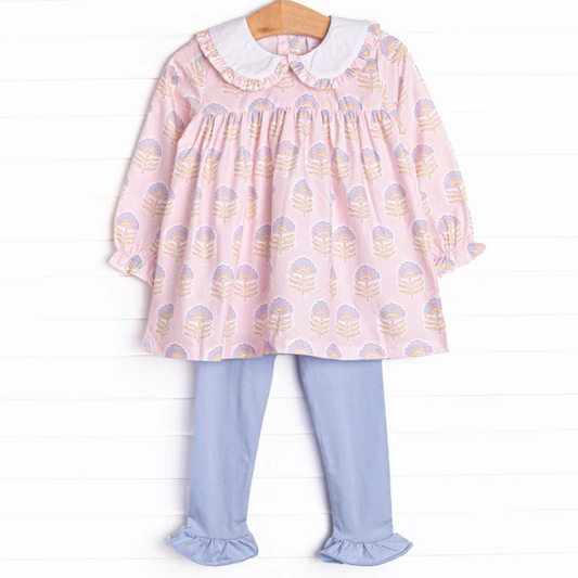 (Custom Design Preorder MOQ 5) Flowers Pink Tunic Top Blue Pants Girls Fall Clothes Set