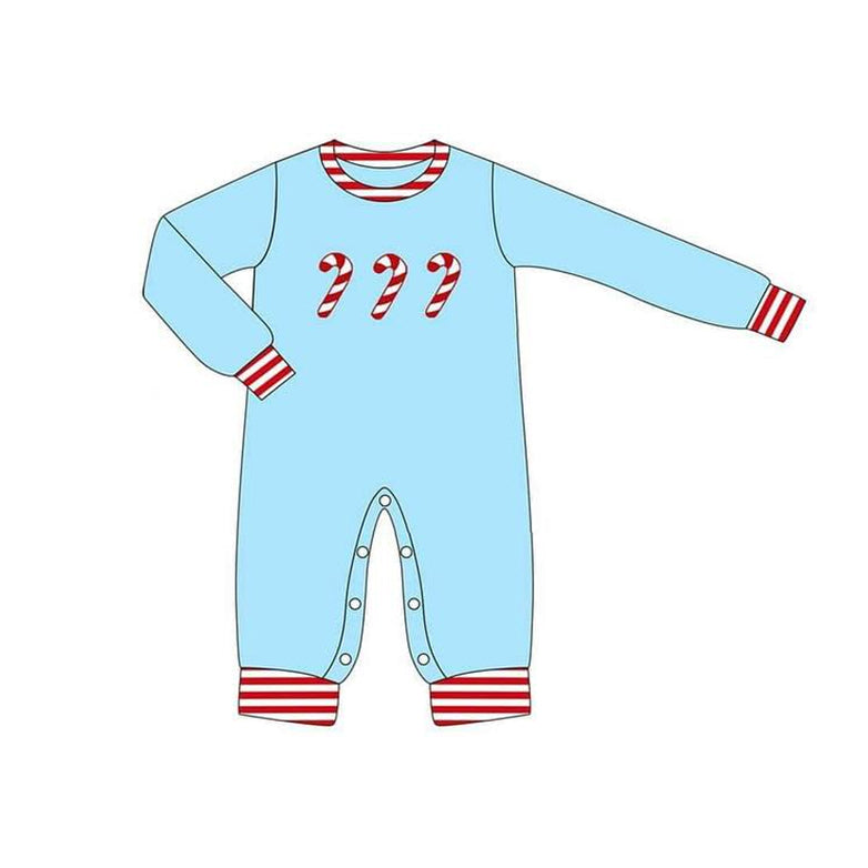 (Custom Design Preorder MOQ 5) Candy Cane Blue Print Baby Boys Christmas Romper