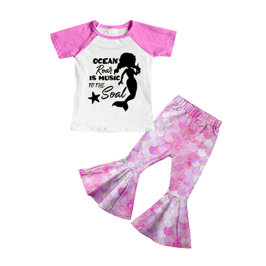 (Custom Design Preorder MOQ 5) Pink Mermaid Print Girls Clothes Set