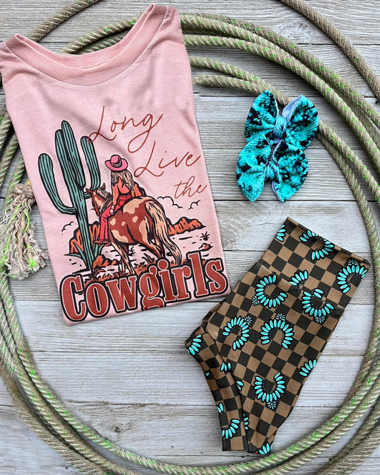 (Custom Design Preorder MOQ 5) Long Live The Cowgirls Top Turquoise Shorts Baby Girls Summer Bummie Set