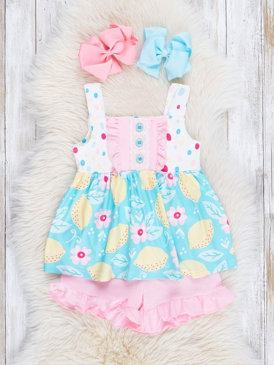 (Custom Design Preorder MOQ 5) Lemon Flowers Tunic Top Pink Shorts Girls Summer Clothes Set
