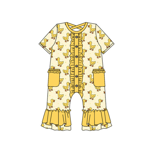 (Custom Design Preorder MOQ 5) Cute Yellow Duck Print Baby Girls Summer Romper