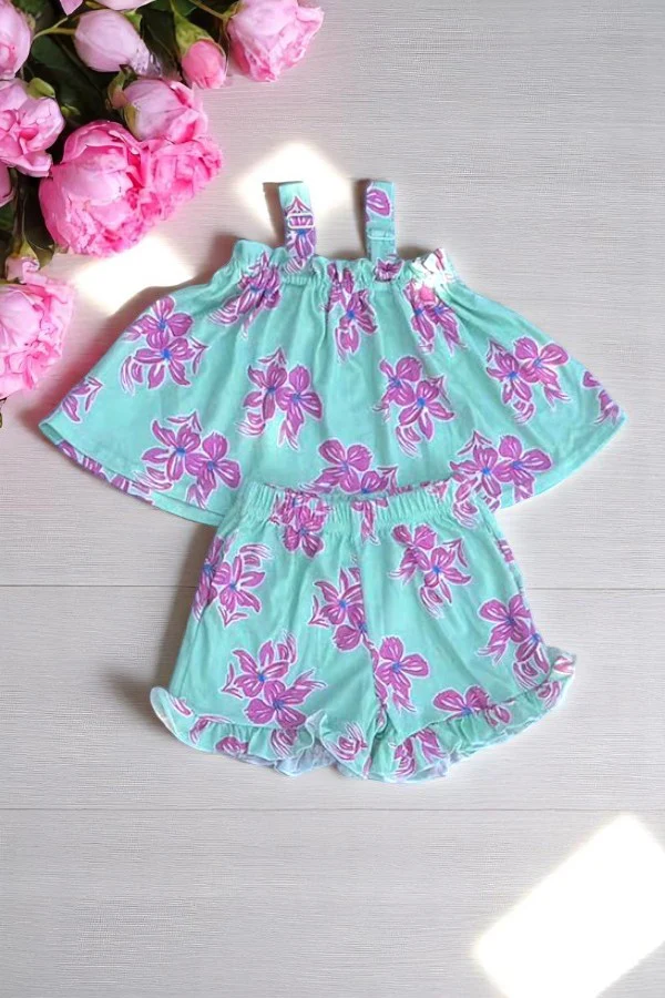 (Custom Design Preorder MOQ 5) Pink Flowers Blue Print Girls Summer Clothes Set