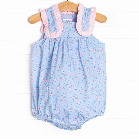 (Custom Design Preorder MOQ 5) Small Flowers Blue Print Baby Girls Summer Romper