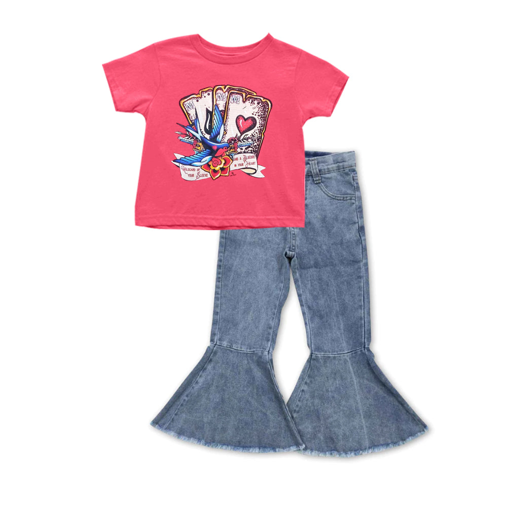 (Custom Design Preorder MOQ 5) Keep a bluebird in my heart Top Ruffle Jeans Girls Valentine's Clothes Set