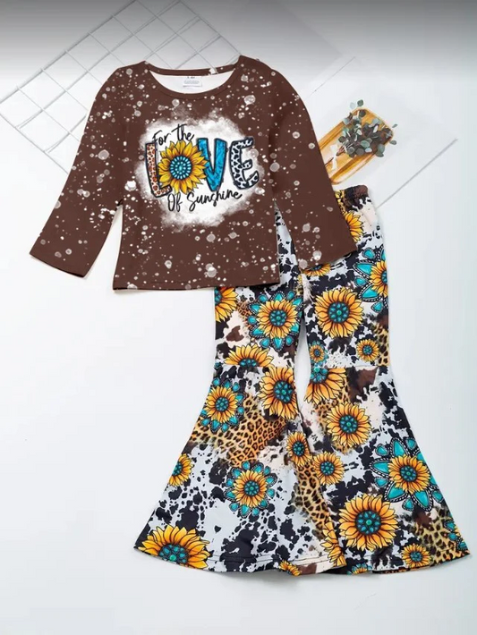 (Custom Design Preorder MOQ 5) Love Top Sunflowers Bell Pants Girls Fall Clothes Set